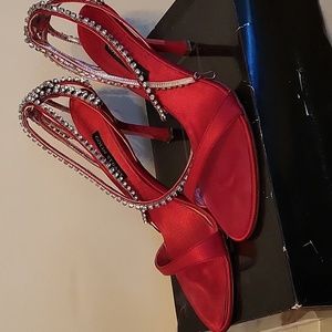 Colin Stuart red satin dress sandal with crystal embellishment